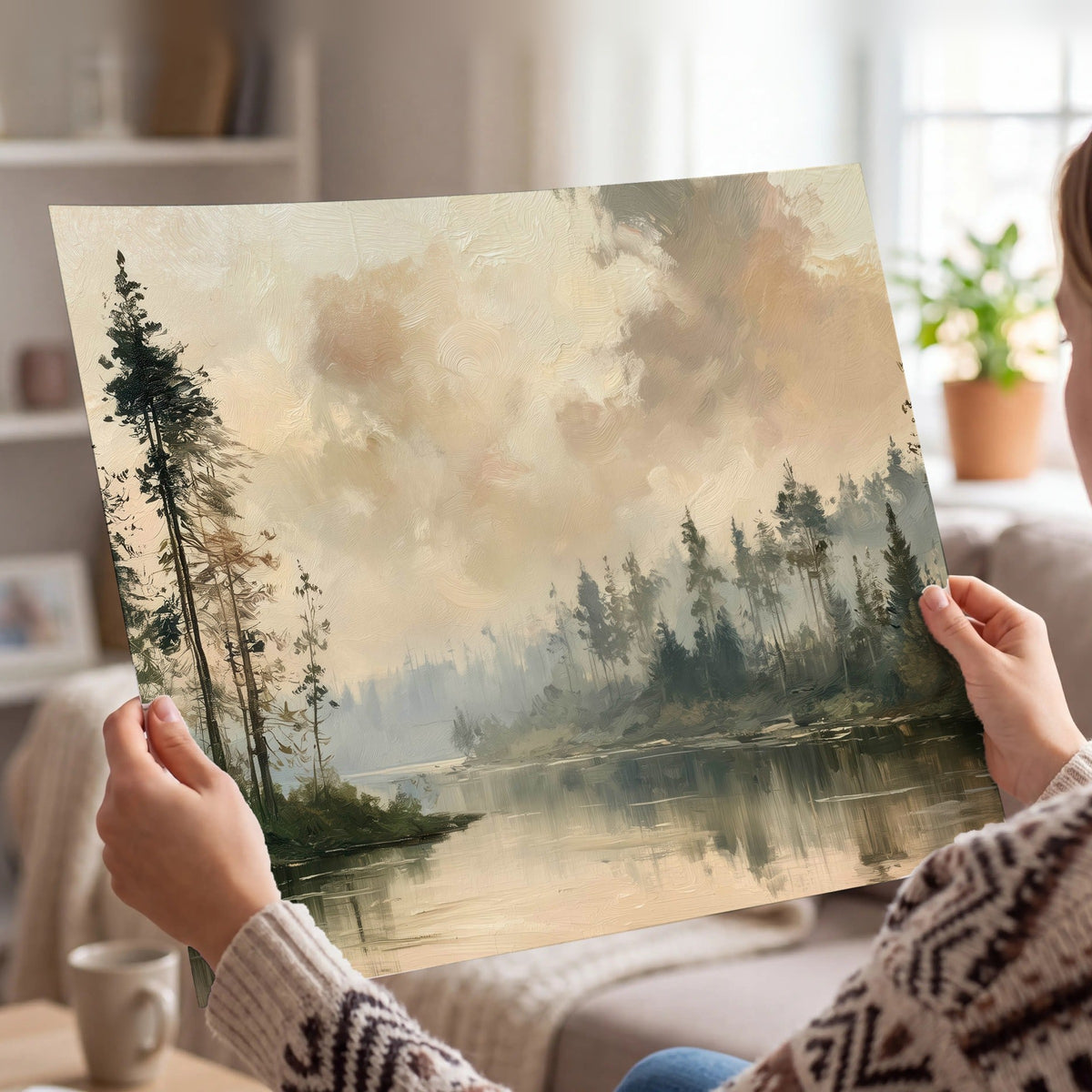 Misty pine river painting poster print held in hands