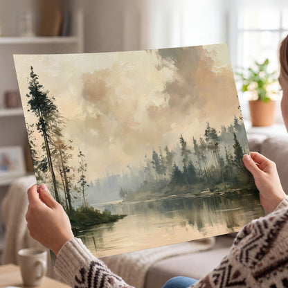 Misty pine river painting poster print held in hands