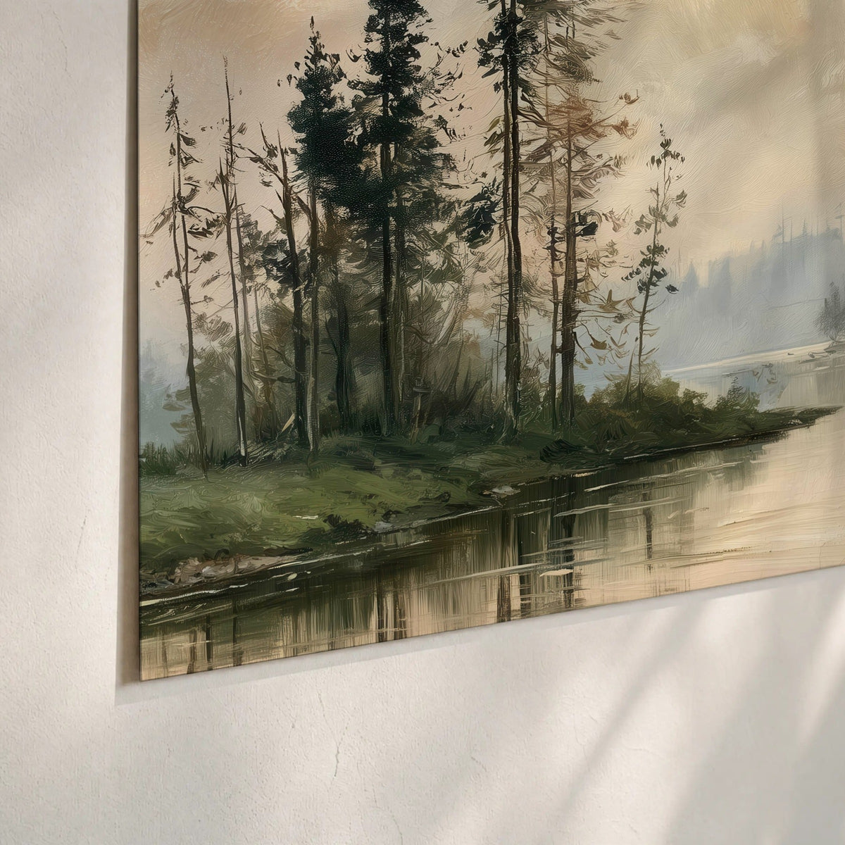 Misty pine river painting poster print close-up on matte paper