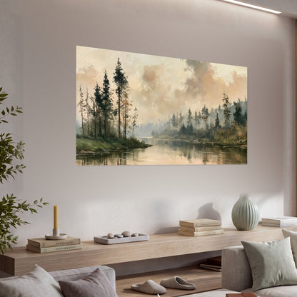 Misty pine river painting poster print in a living room above a console