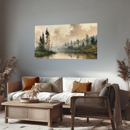 Misty pine river painting poster print in a rustic living room