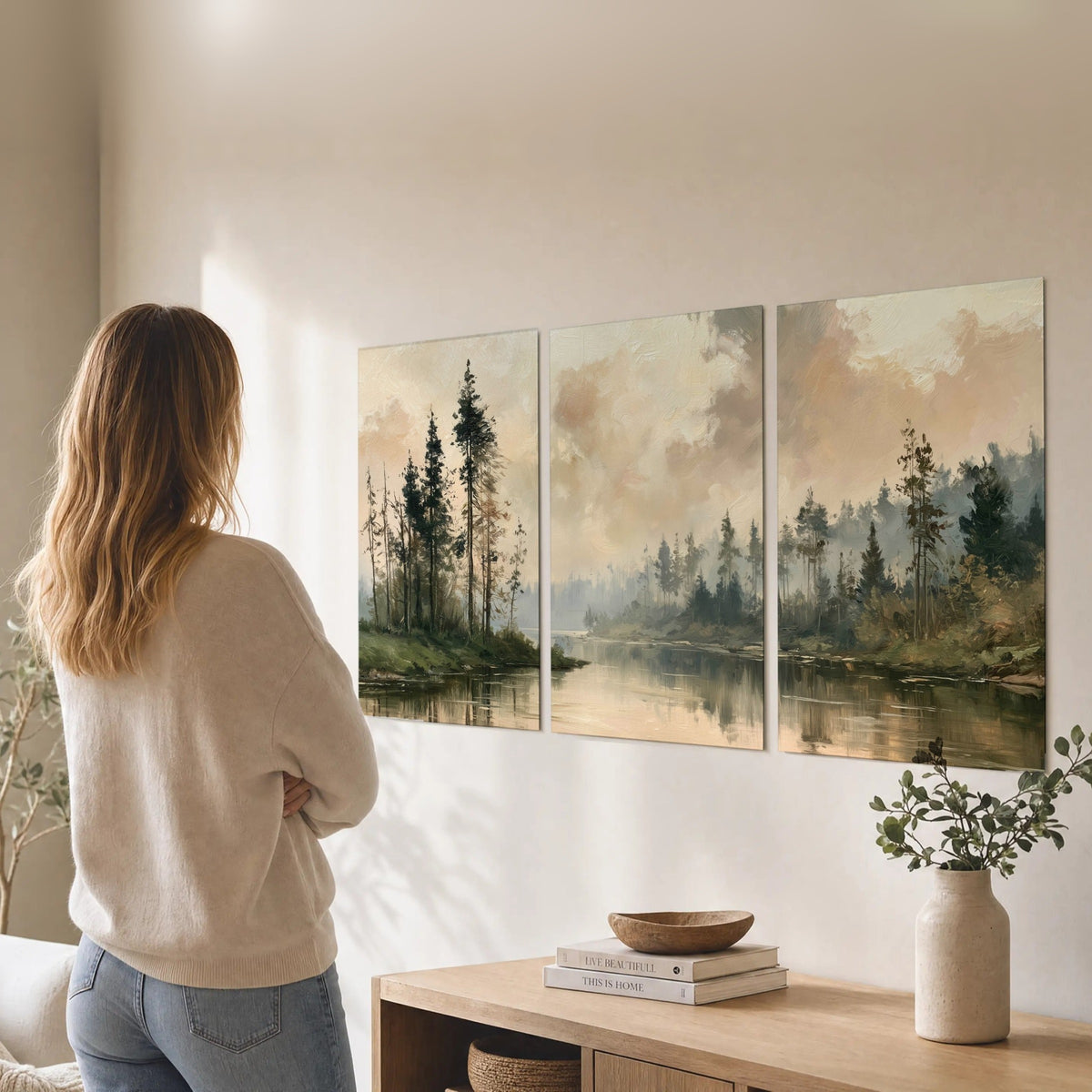 Misty pine river painting set of 3 poster prints in a living room
