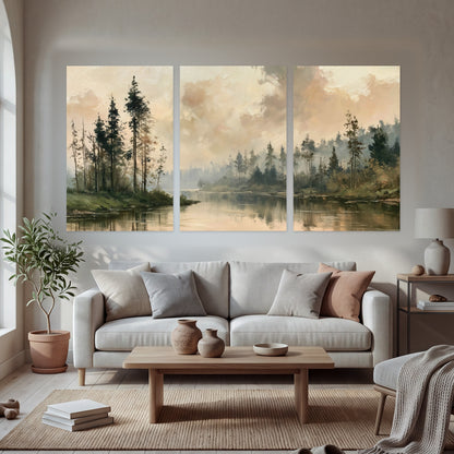 Misty pine river painting set of 3 poster prints in a bright living room