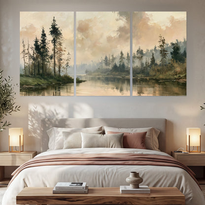 Misty pine river painting set of 3 poster prints in a bedroom above the bed