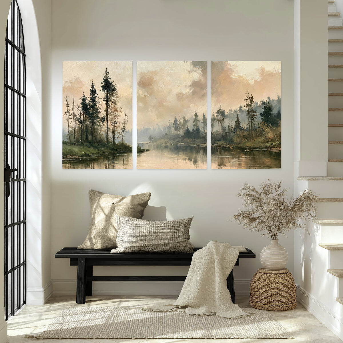 Misty pine river painting set of 3 poster prints in an entryway above a bench