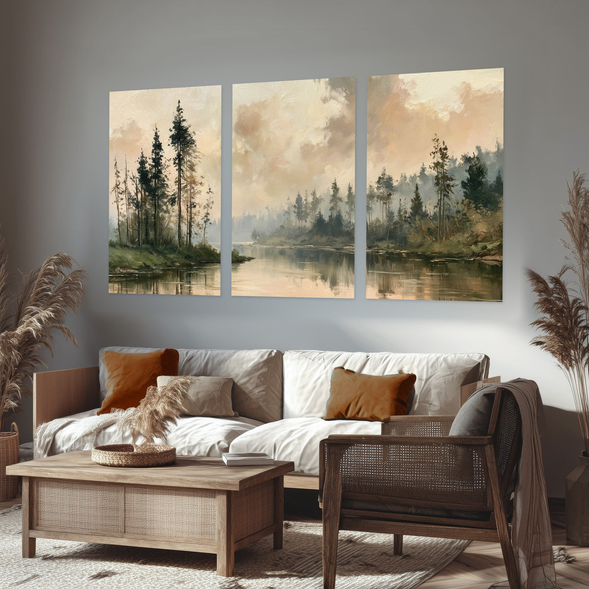 Misty pine river painting set of 3 poster prints in a rustic living room