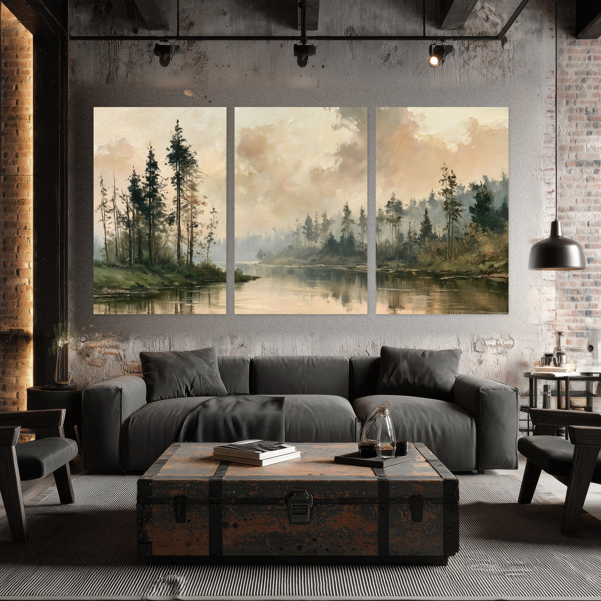 Misty pine river painting set of 3 poster prints in an industrial loft
