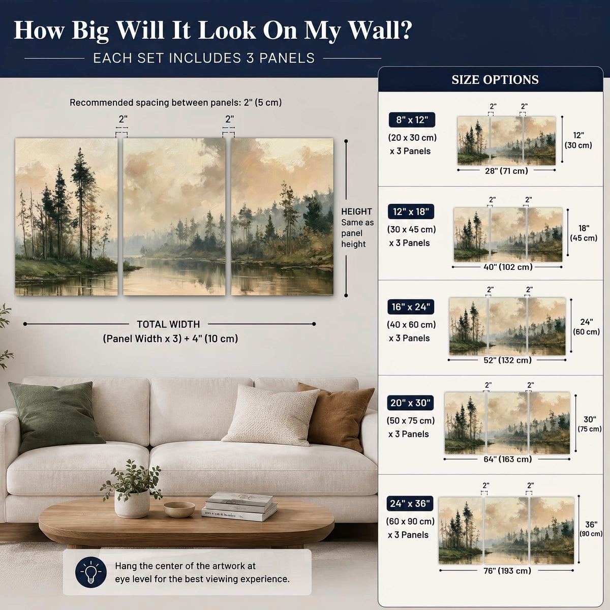 Misty pine river painting set of 3 poster prints size guide above a sofa