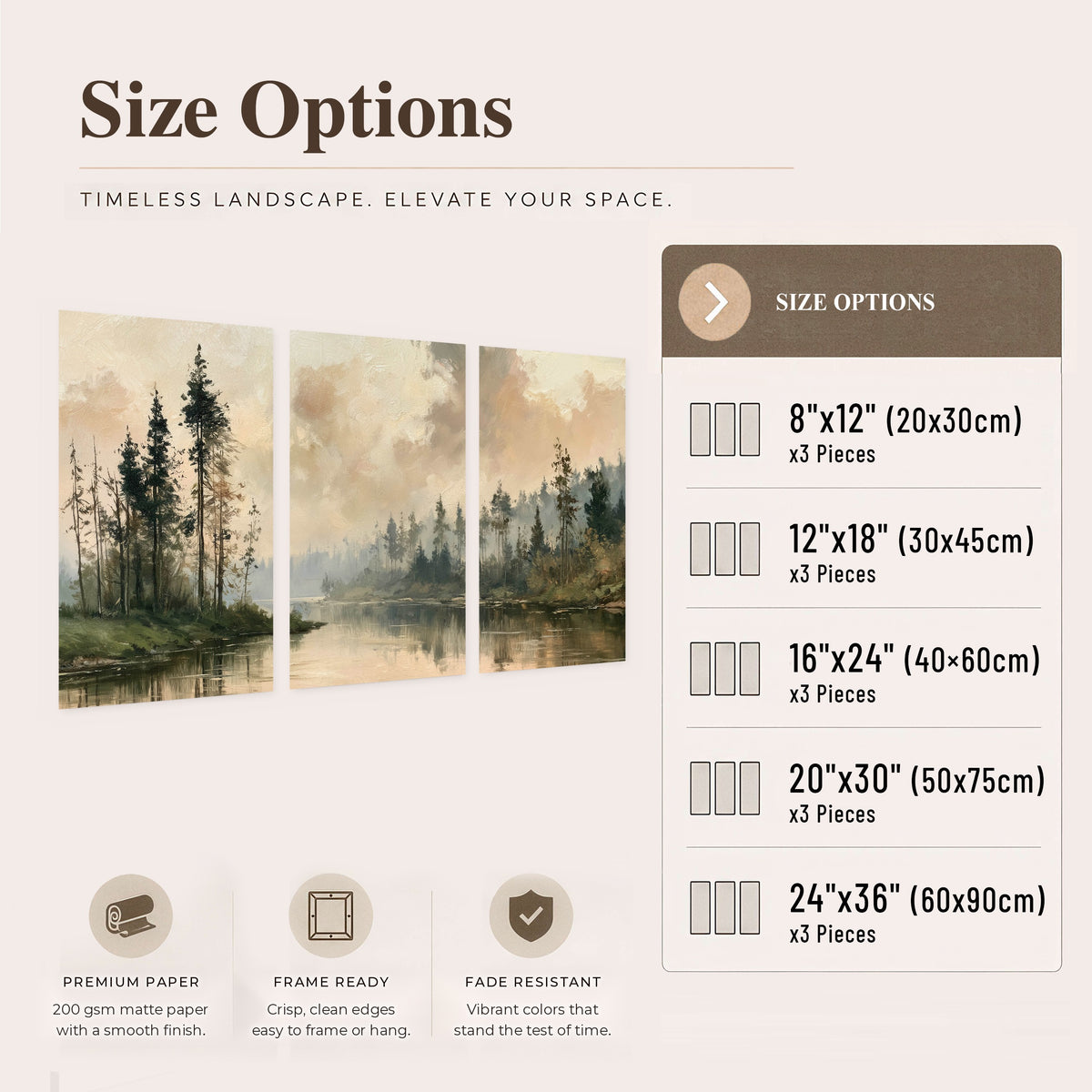 Misty pine river painting set of 3 poster prints size options