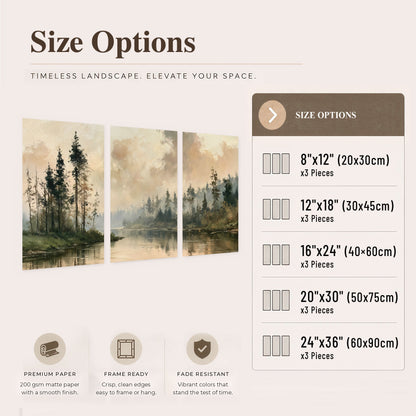 Misty pine river painting set of 3 poster prints size options