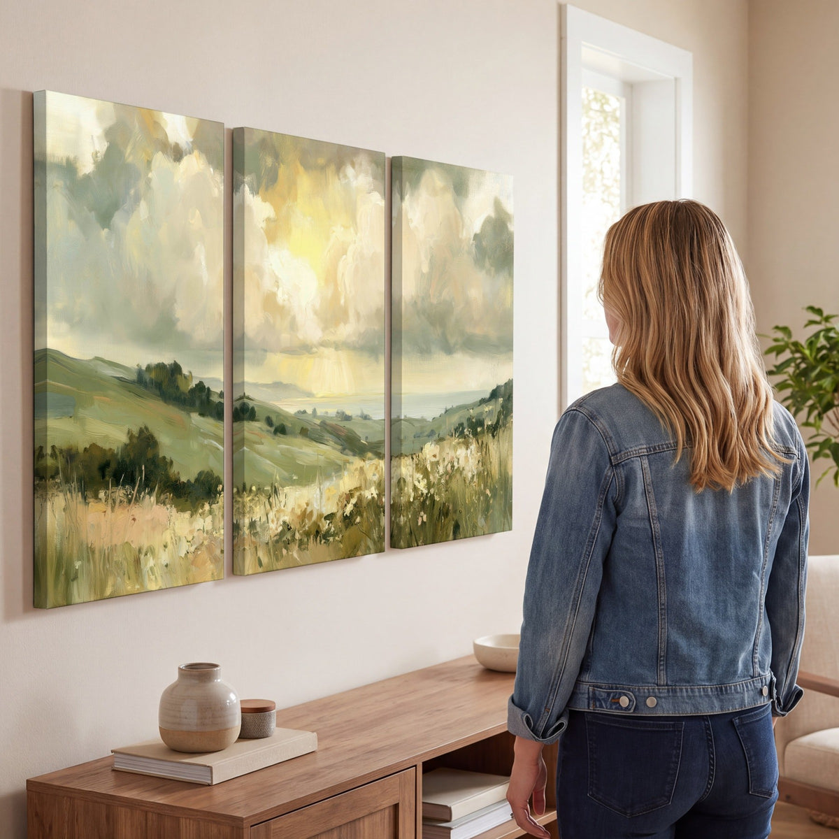 Sunlit meadow hills painting 3 piece canvas wall art in a living room