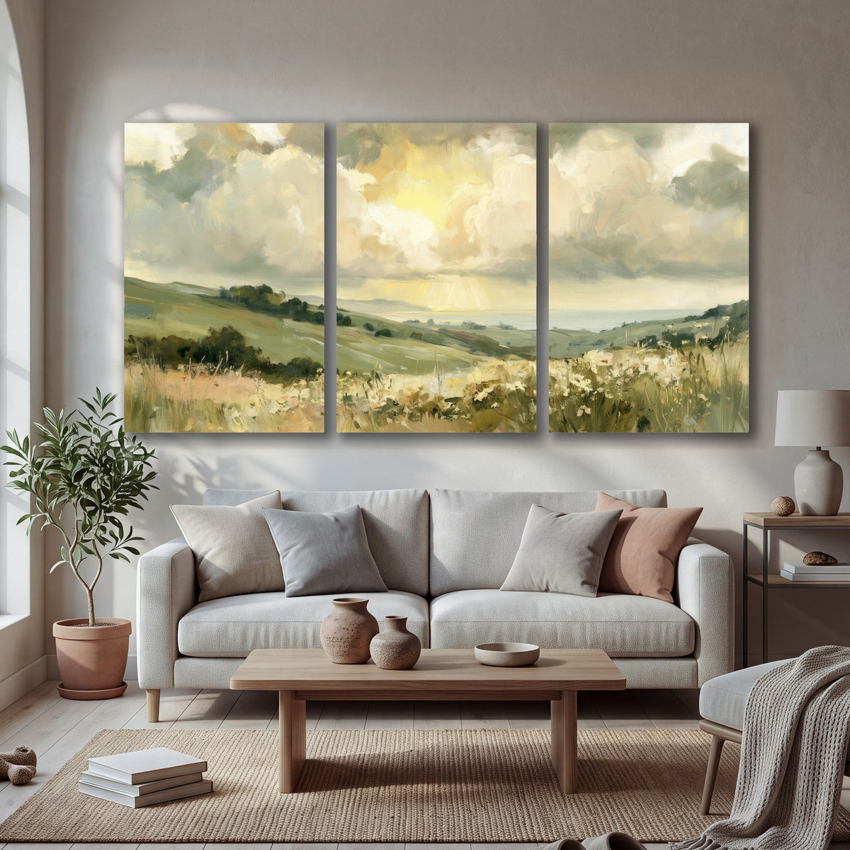 Sunlit meadow hills painting 3 piece canvas wall art in a bright living room