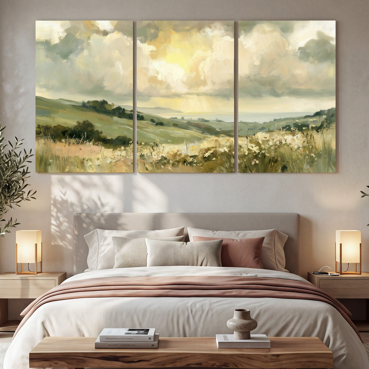 Sunlit meadow hills painting 3 piece canvas wall art in a bedroom above the bed
