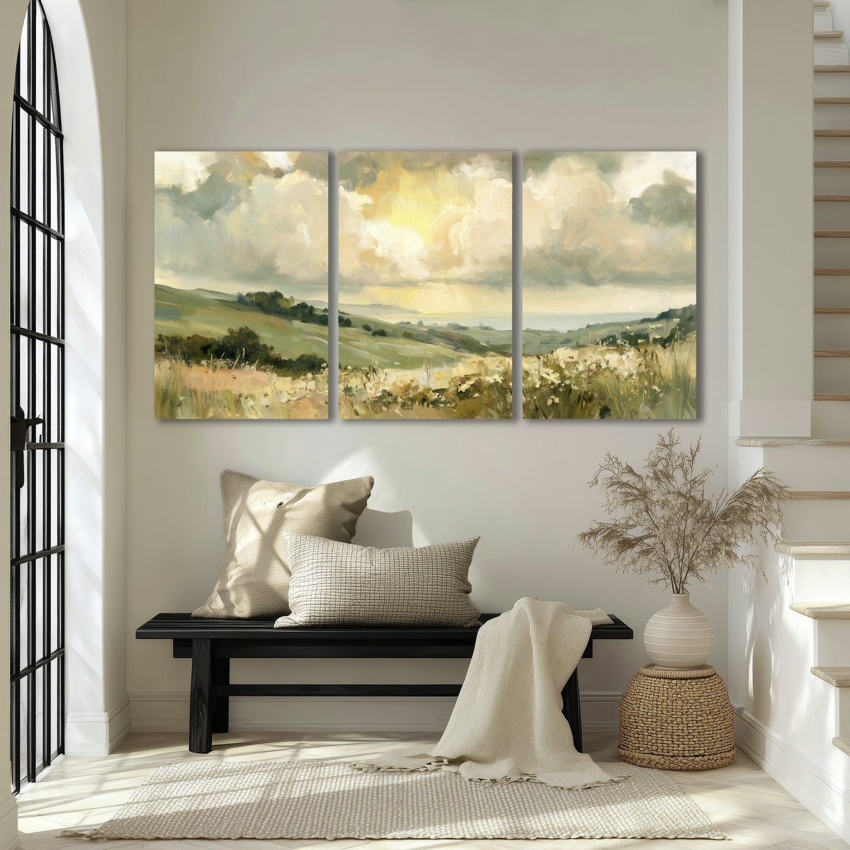 Sunlit meadow hills painting 3 piece canvas wall art in an entryway above a bench