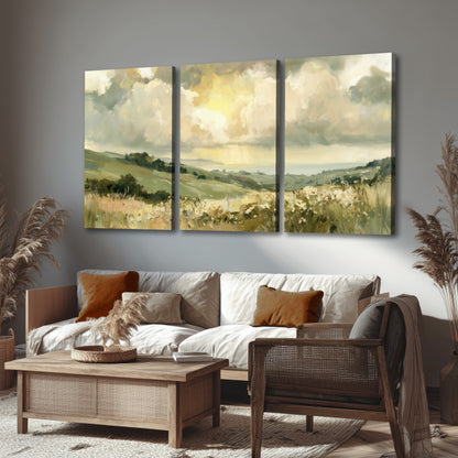 Sunlit meadow hills painting 3 piece canvas wall art in a rustic living room