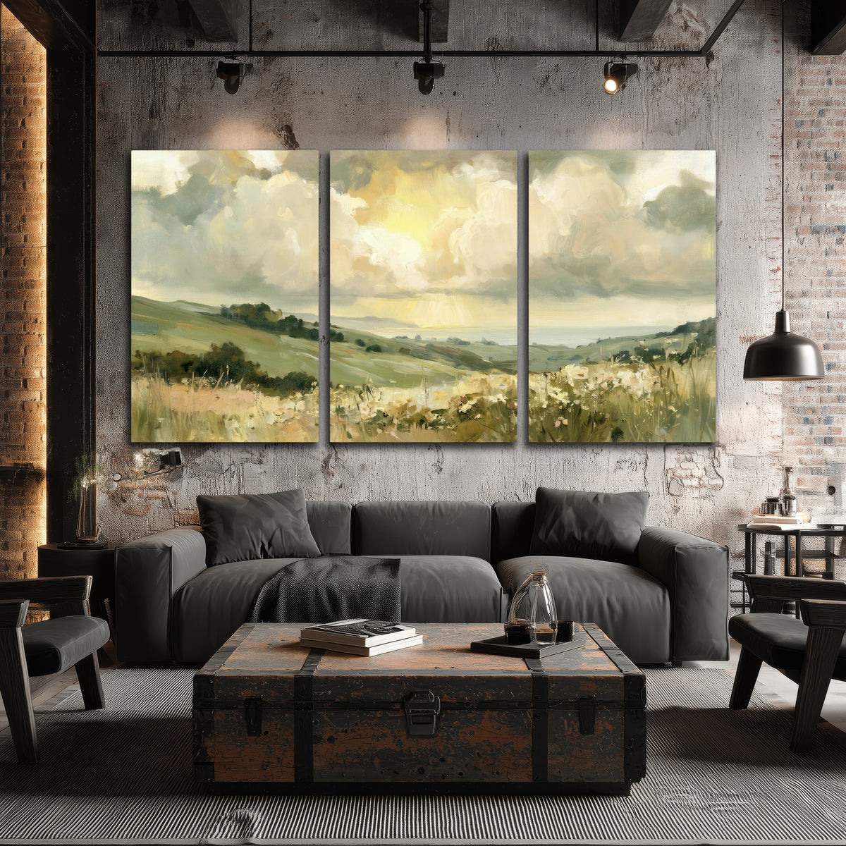 Sunlit meadow hills painting 3 piece canvas wall art in an industrial loft