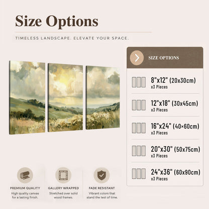 Sunlit meadow hills painting 3 piece canvas wall art size options