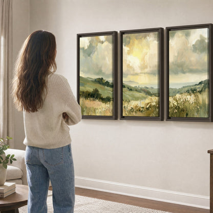 Sunlit meadow hills painting 3 piece framed canvas in a living room