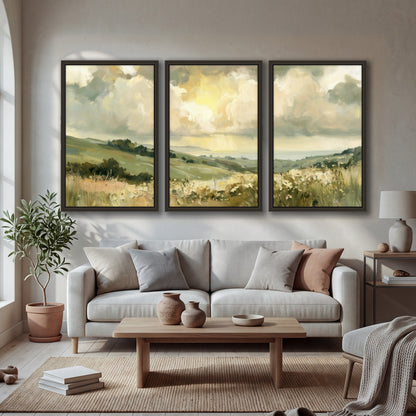Sunlit meadow hills painting 3 piece framed canvas in a bright living room