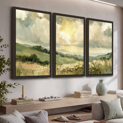 Sunlit meadow hills painting 3 piece framed canvas in a living room above a console