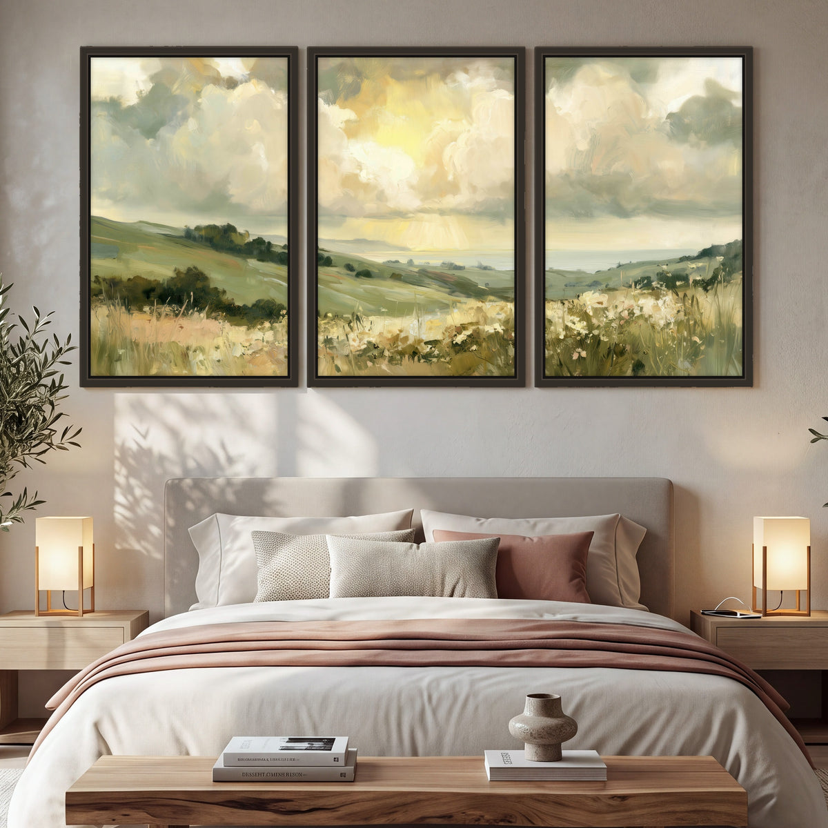 Sunlit meadow hills painting 3 piece framed canvas in a bedroom above the bed