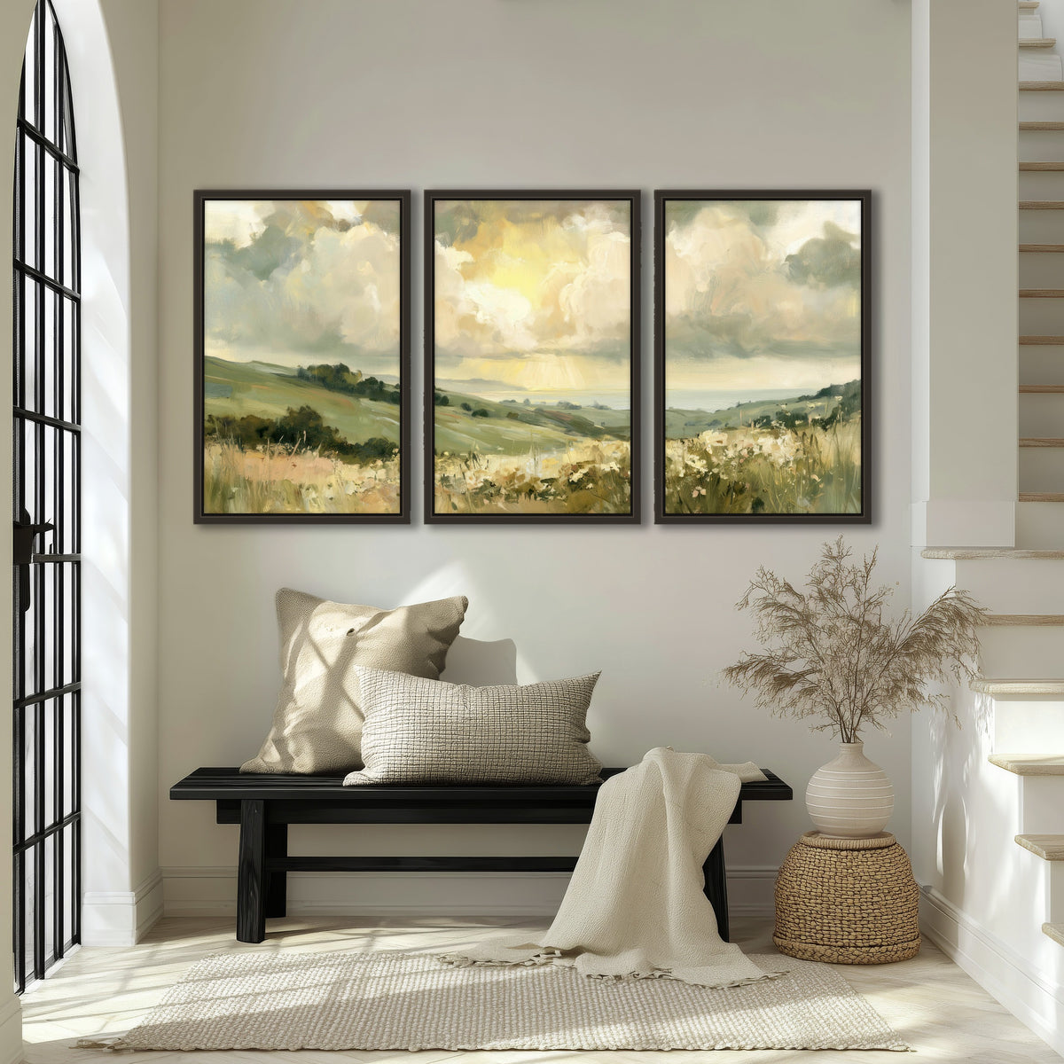 Sunlit meadow hills painting 3 piece framed canvas in an entryway above a bench