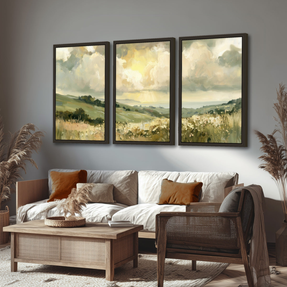 Sunlit meadow hills painting 3 piece framed canvas in a rustic living room