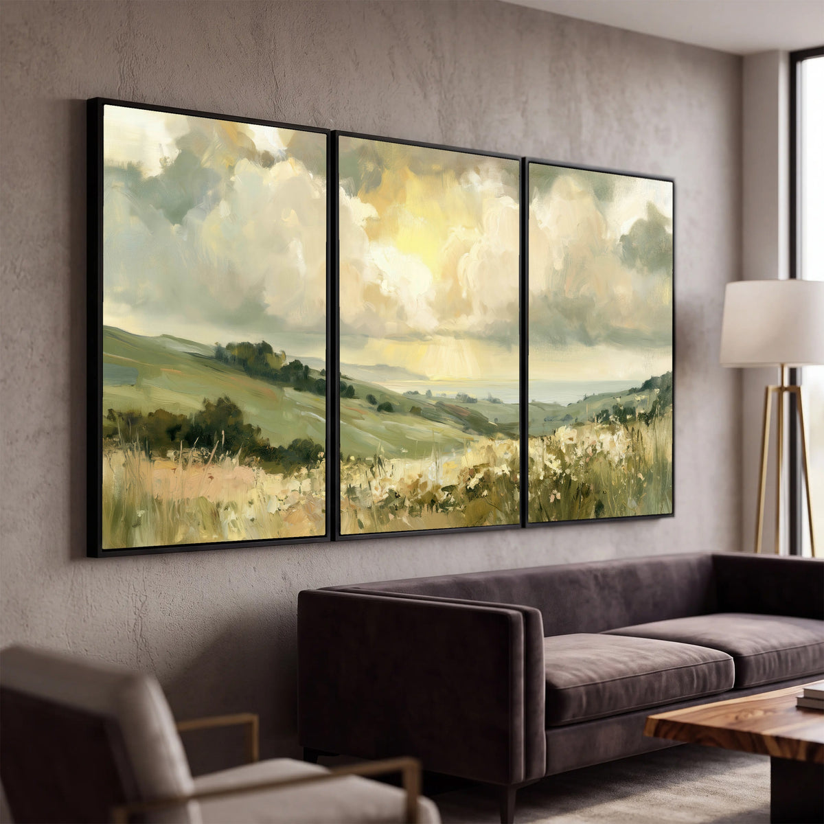 Sunlit meadow hills painting 3 piece framed canvas in a modern living room