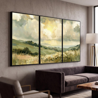 Sunlit meadow hills painting 3 piece framed canvas in a modern living room