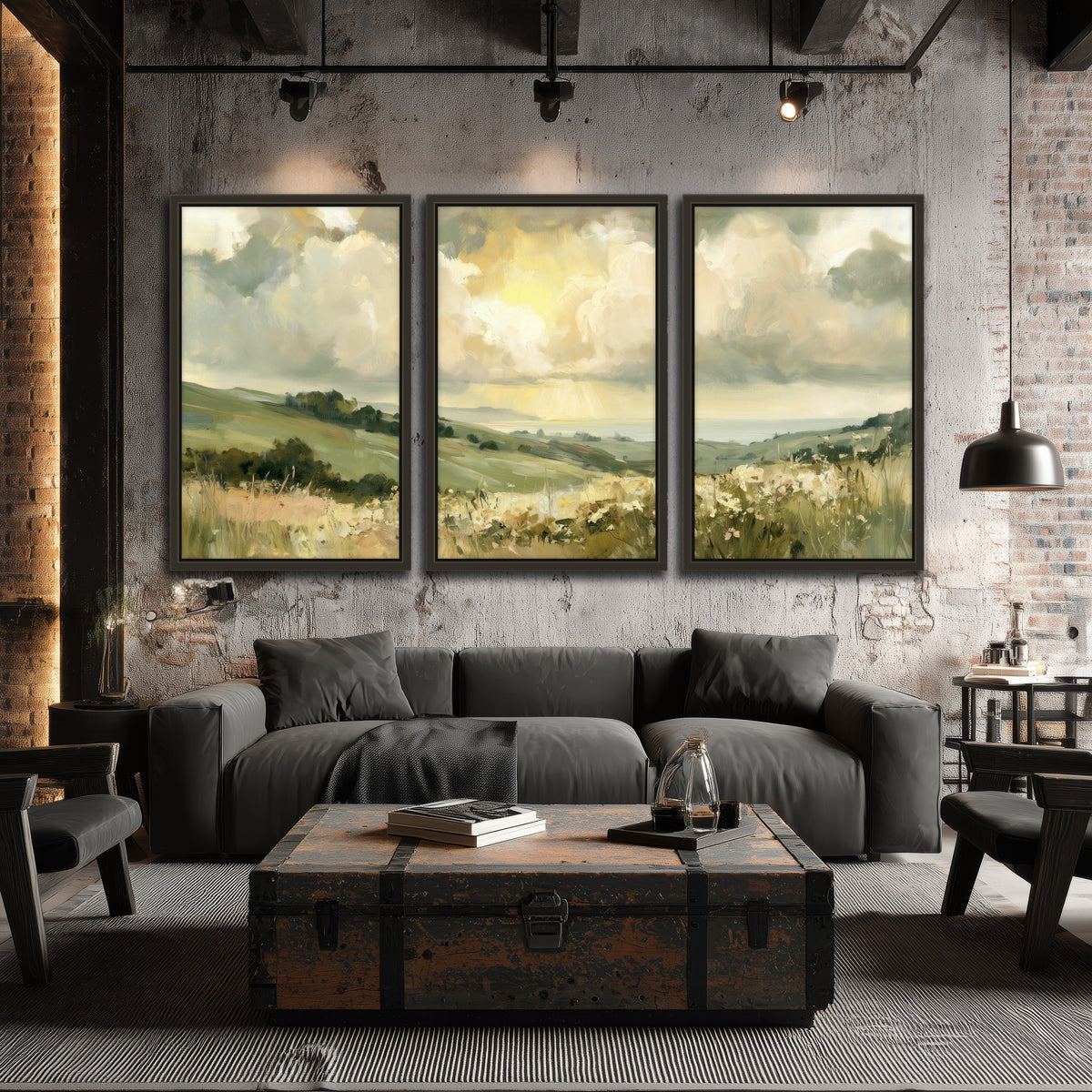 Sunlit meadow hills painting 3 piece framed canvas in an industrial loft