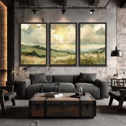 Sunlit meadow hills painting 3 piece framed canvas in an industrial loft