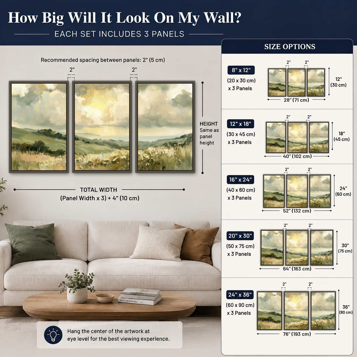 Sunlit meadow hills painting 3 piece framed canvas size guide above a sofa