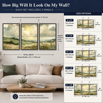 Sunlit meadow hills painting 3 piece framed canvas size guide above a sofa
