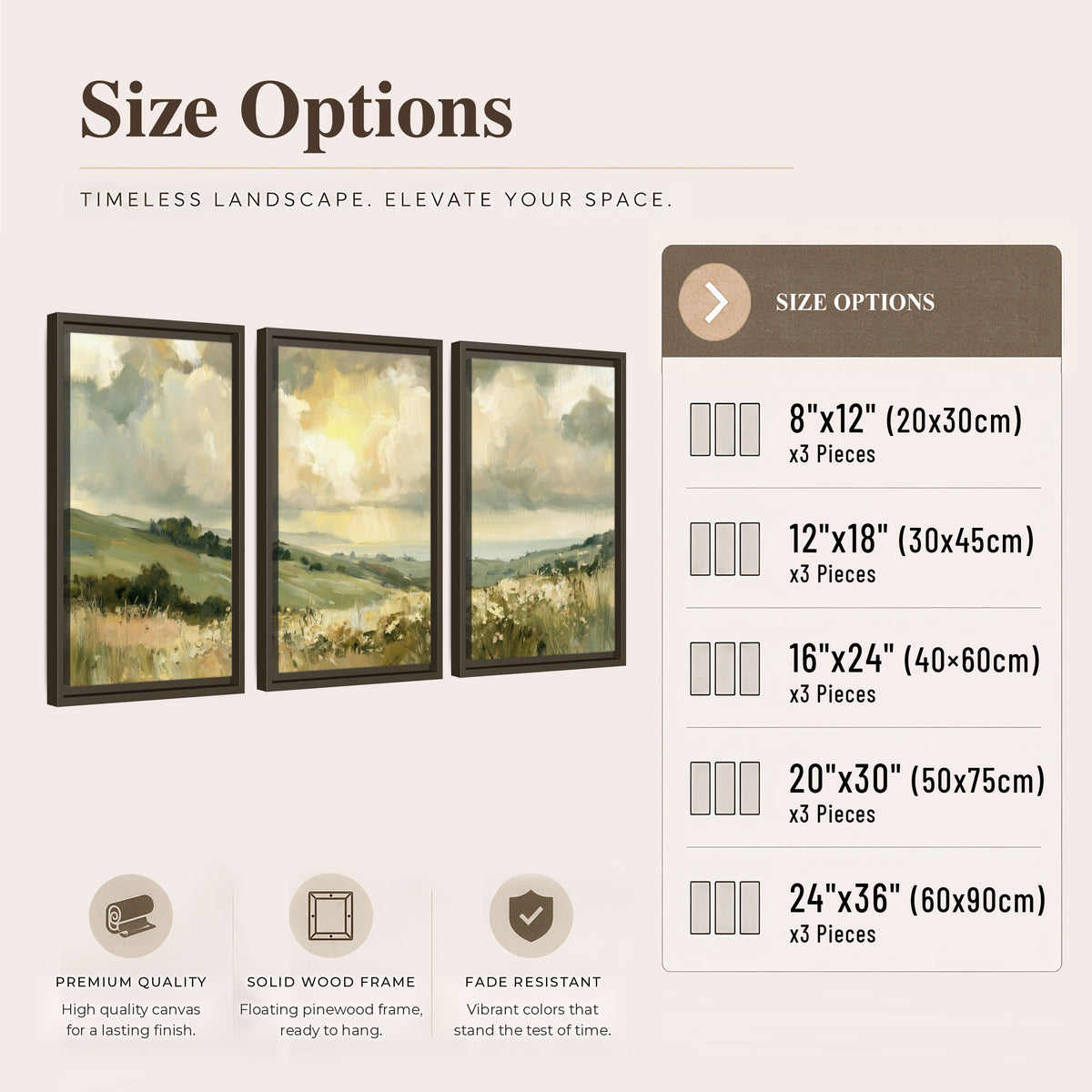 Sunlit meadow hills painting 3 piece framed canvas size options