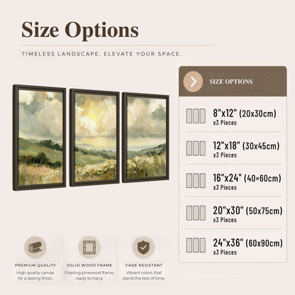 Sunlit meadow hills painting 3 piece framed canvas size options
