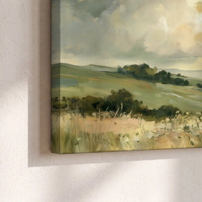 Sunlit meadow hills painting canvas print close-up showing the gallery-wrapped edge