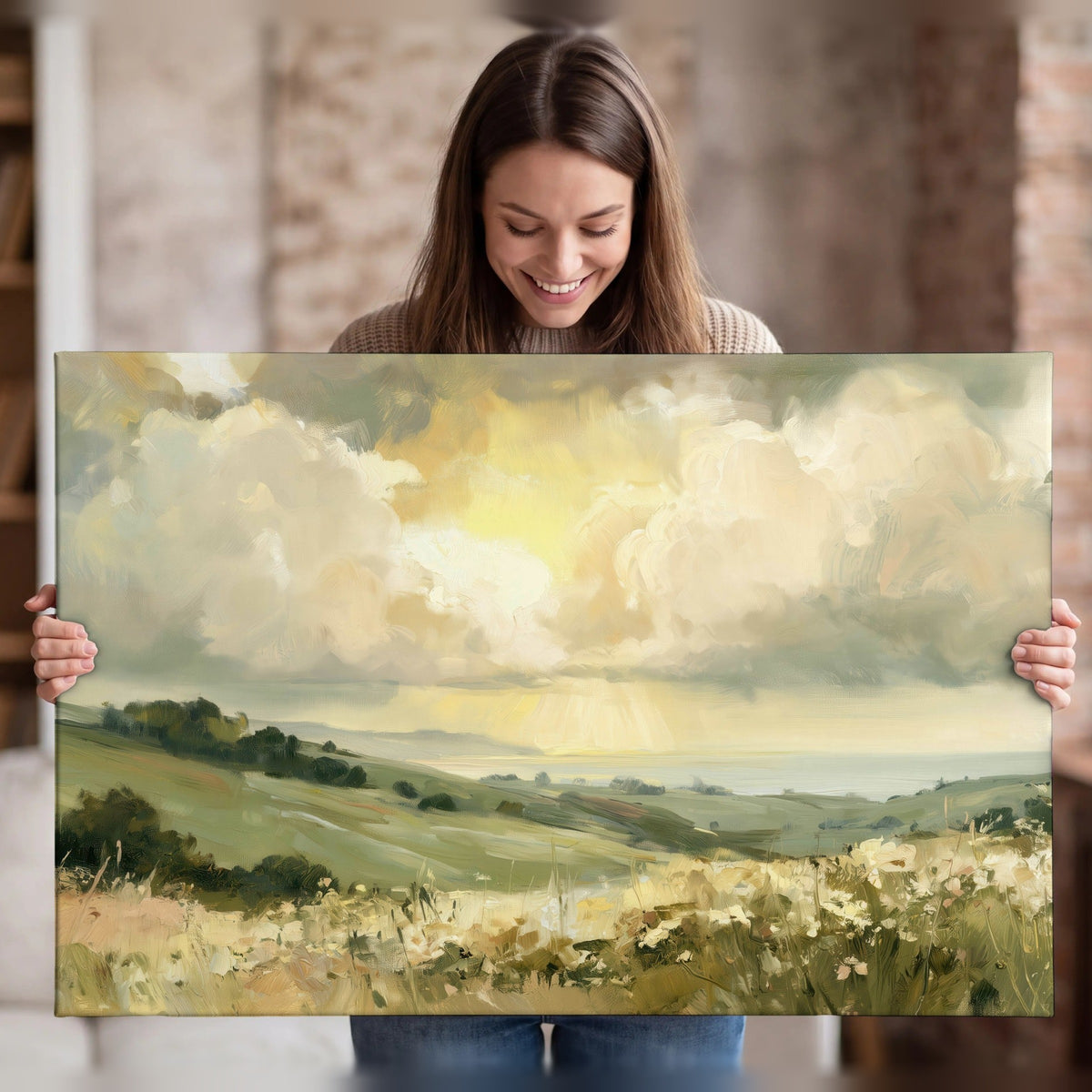 Sunlit meadow hills painting canvas wall art held in hands