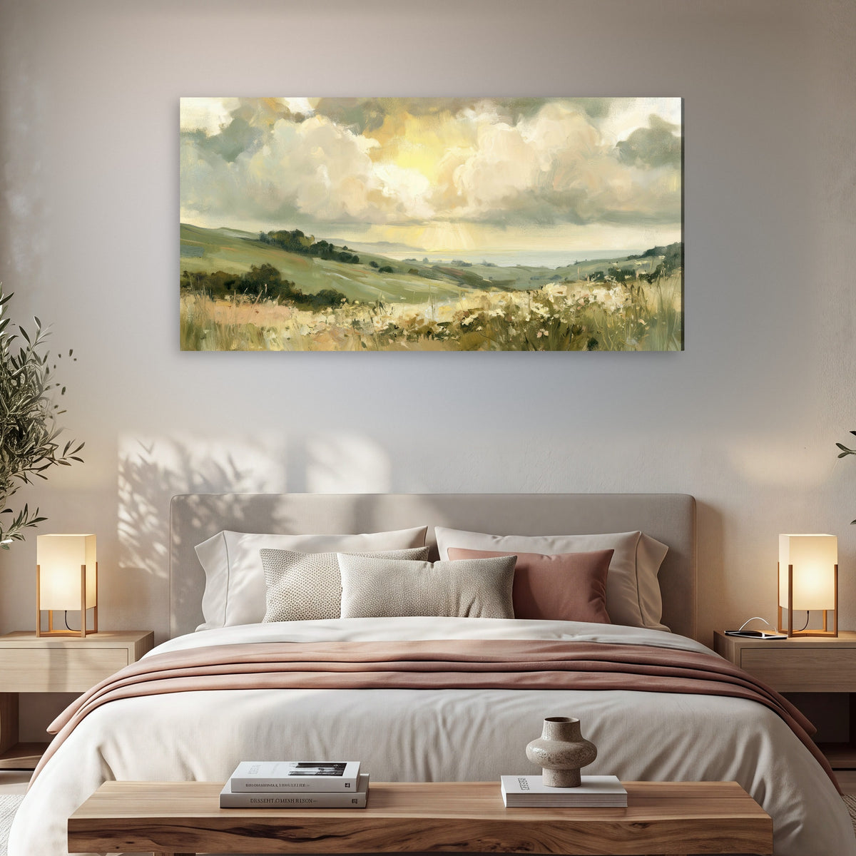 Sunlit meadow hills painting canvas wall art in a bedroom above the bed