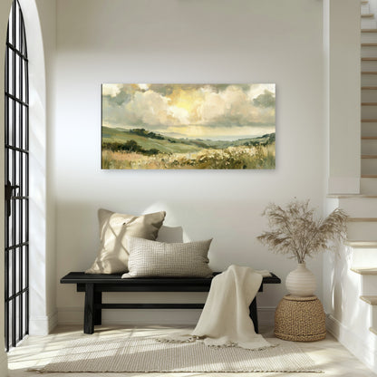 Sunlit meadow hills painting canvas wall art in an entryway above a bench