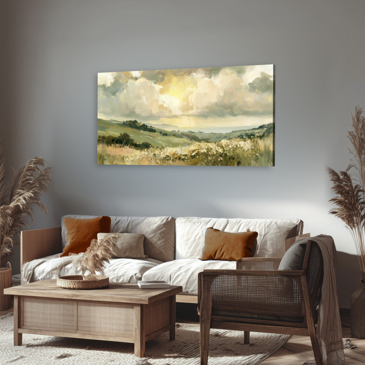 Sunlit meadow hills painting canvas wall art in a rustic living room