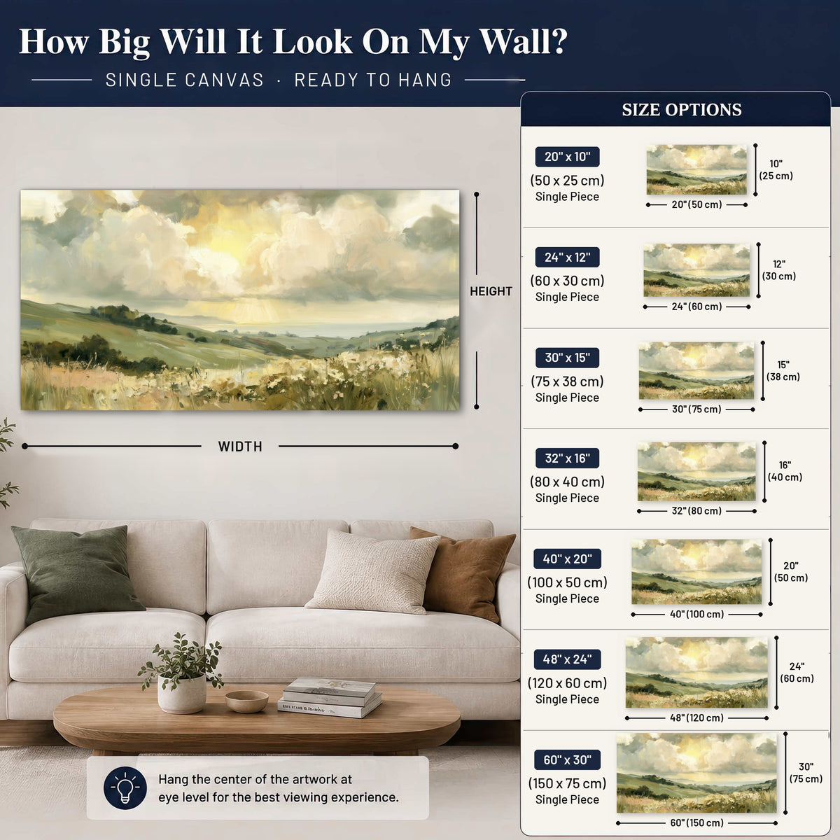 Sunlit meadow hills painting canvas wall art size guide above a sofa