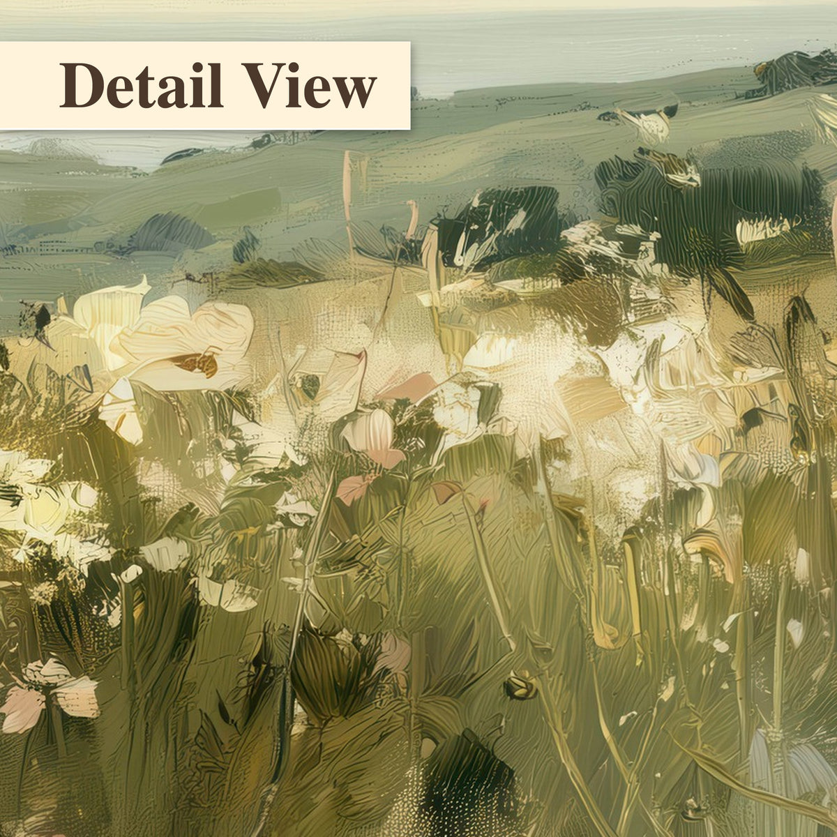 Sunlit meadow hills painting detail close-up