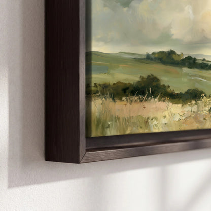 Sunlit meadow hills painting framed canvas close-up showing the floating frame
