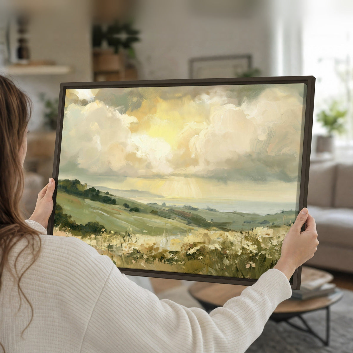 Sunlit meadow hills painting framed canvas held in hands