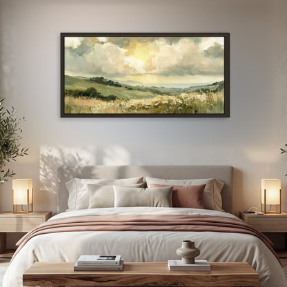 Sunlit meadow hills painting framed canvas wall art in a bedroom above the bed