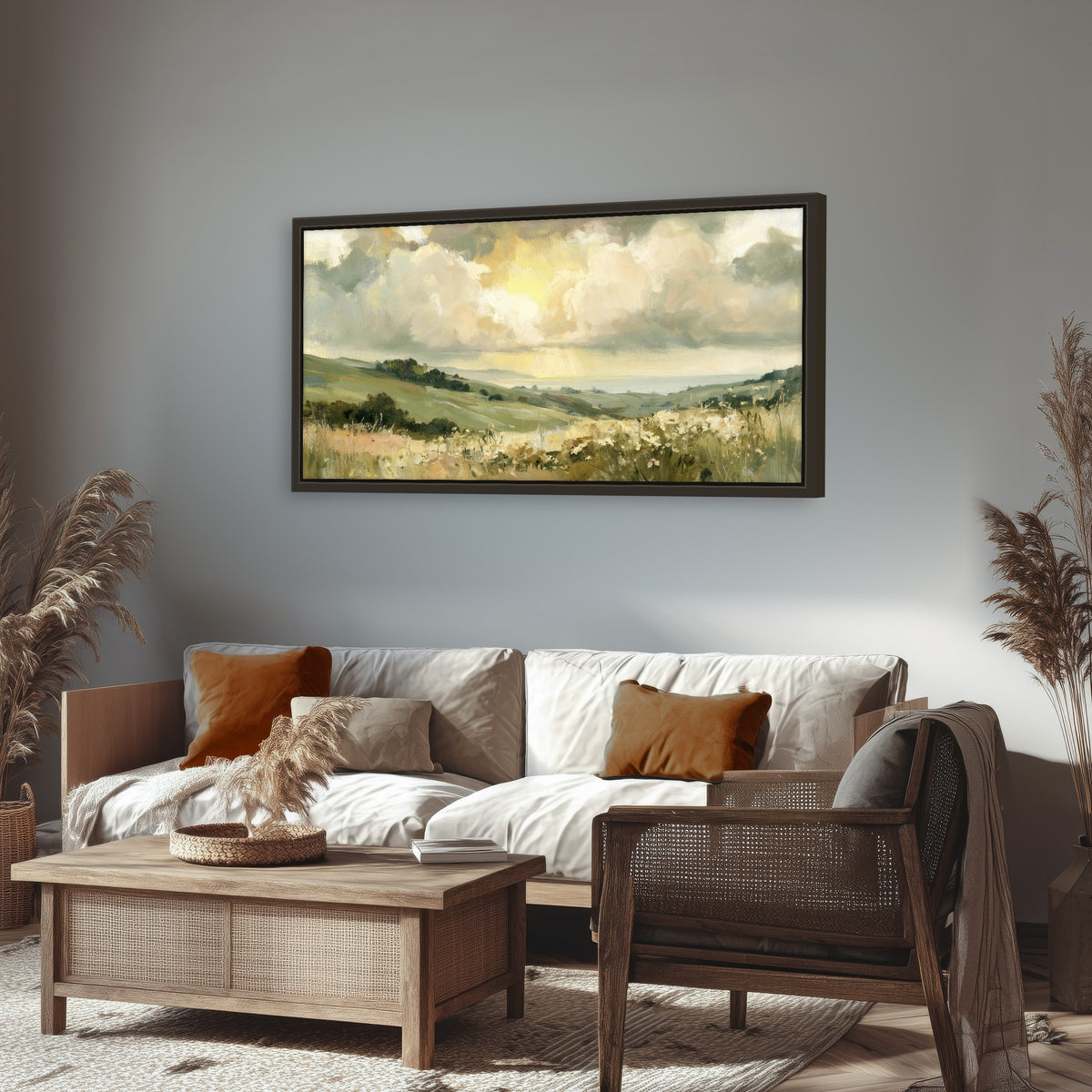 Sunlit meadow hills painting framed canvas wall art in a rustic living room