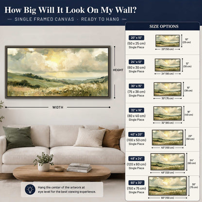 Sunlit meadow hills painting framed canvas wall art size guide above a sofa