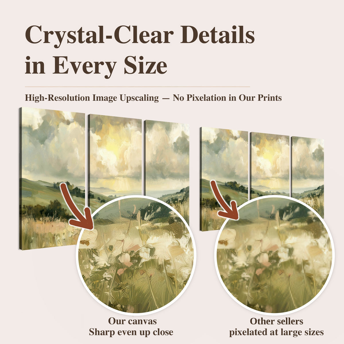 Sunlit meadow hills painting high-resolution print quality comparison