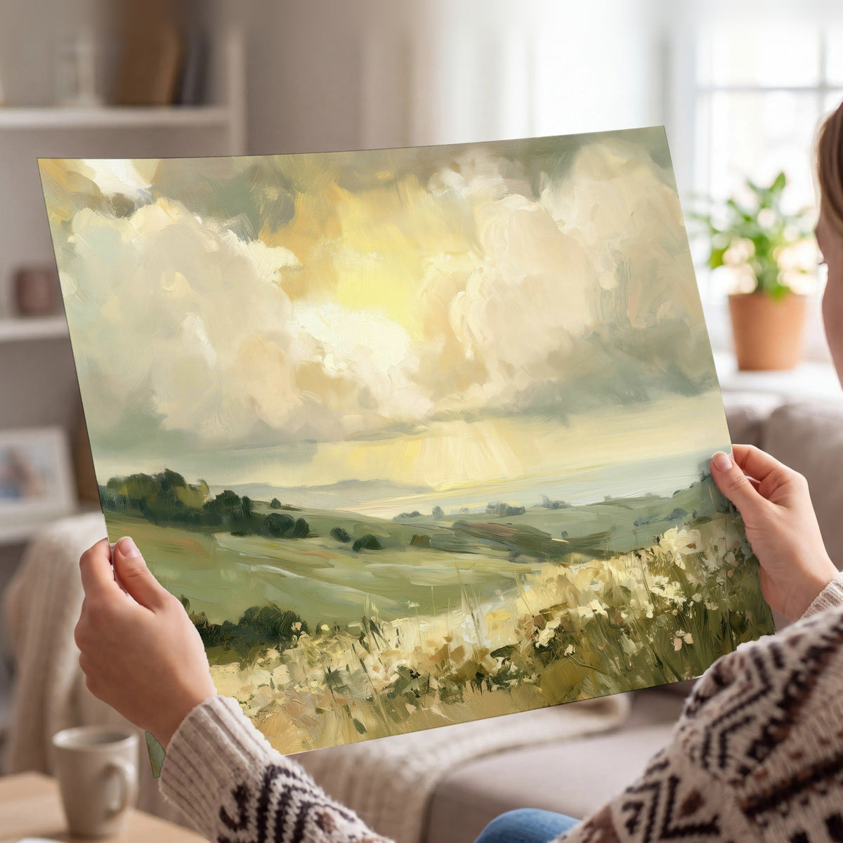 Sunlit meadow hills painting poster print held in hands