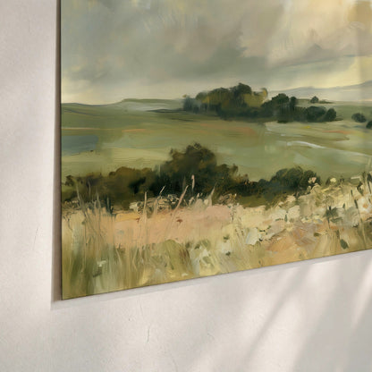 Sunlit meadow hills painting poster print close-up on matte paper
